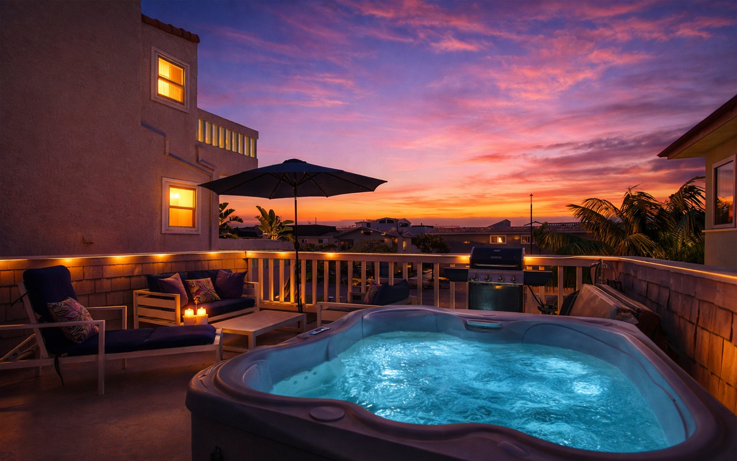 Newport Beach Retreat balcony with hot tub at sunset